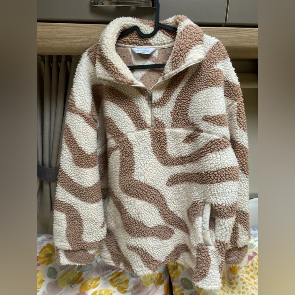 Half-Zip Sherpa Pullover in Cream & Brown Zebra Print